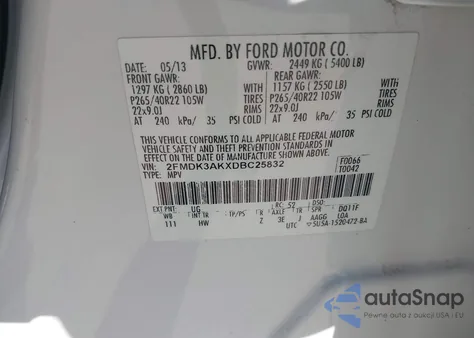 2013 Ford Edge Sport z USA, uszkodzony, nr VIN 2FMDK3AKXDBC25832